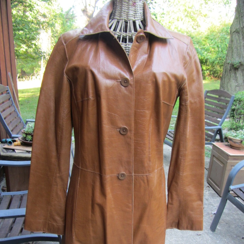 JOHN CARLISLE TAN LEATHER 3/4 LENGTH JACKET XS - Picture 2 of 8
